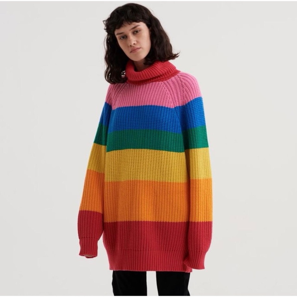 Two Drops Made in Italy Wool Blend Turtle Neck Knit Sweater in Rainbow Stripes
